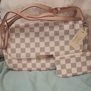 Louis Vuitton White and Tan Shoulder Bag with Damier Azur Pattern